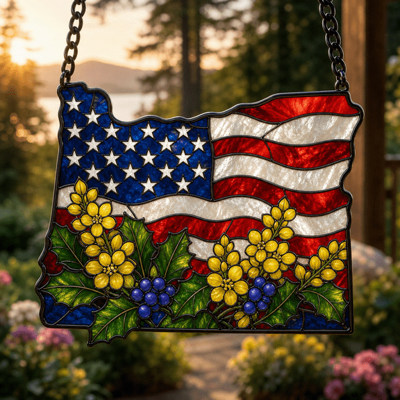 Suncatcher Oregon Map Flag and Oregon Grape Acrylic Window Hanging for Oregon Lovers