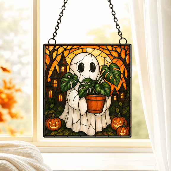 Suncatcher Ornament Ghost and Monstera Acrylic Window Hanging for Halloween Decor