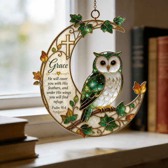 Suncatcher Owl Bible Verse Personalized Name Acrylic Window Hanging for Christian Gift