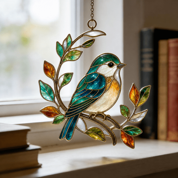 Suncatcher Owl Moon Stained Glass Window Hanging for Bird Lovers