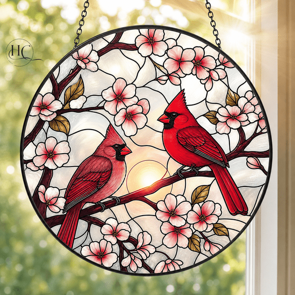 Suncatcher Personalized Cardinal Floral Stained Glass Window Hanging Memorial Gift