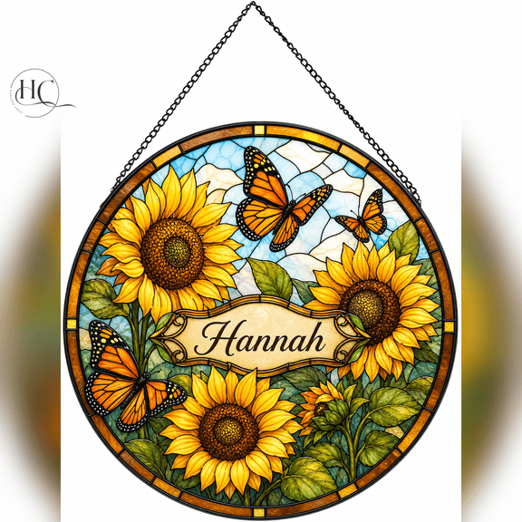 Suncatcher Personalized Sunflower and Butterfly Glass Window Hanging for Floral Gift Giving