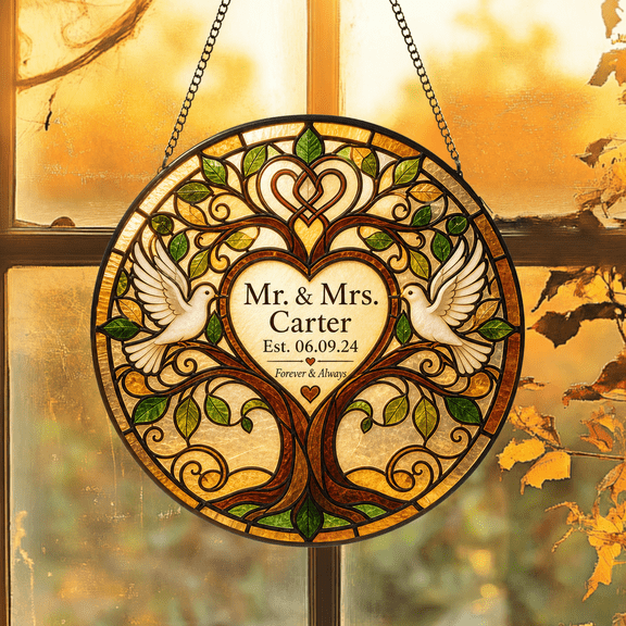 Suncatcher Personalized Wedding Tree Stained Glass Window Hanging for Couples