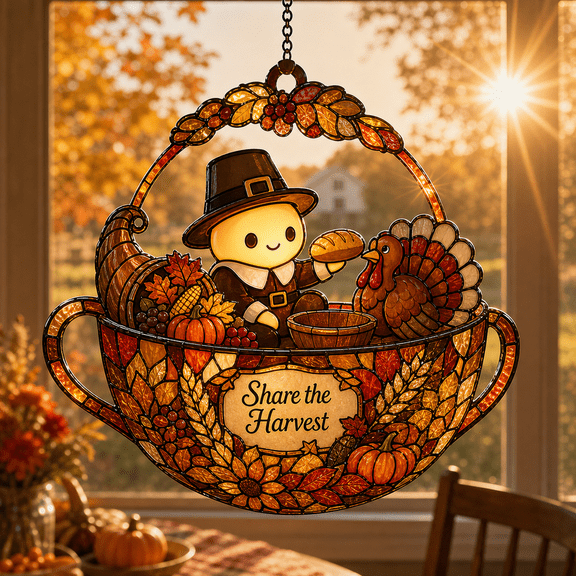 Suncatcher Pilgrim Harvest Mosaic Acrylic Window Hanging for Thanksgiving Hosts