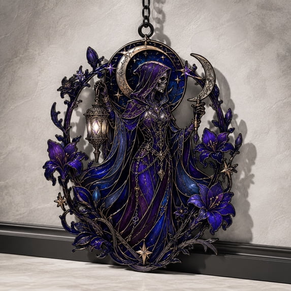 Grm Rappers Suncatcher, Purple Grim Reaper and Iris Flower Acrylic Gothic Window ...