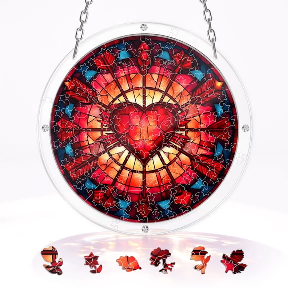 Suncatcher Puzzle, Circular Acrylic Suncatcher Puzzle for Patio Garden Window Light Catching, Red Heart Decorations for Home Wall Window, Romantic Valentines Gift for Wife,