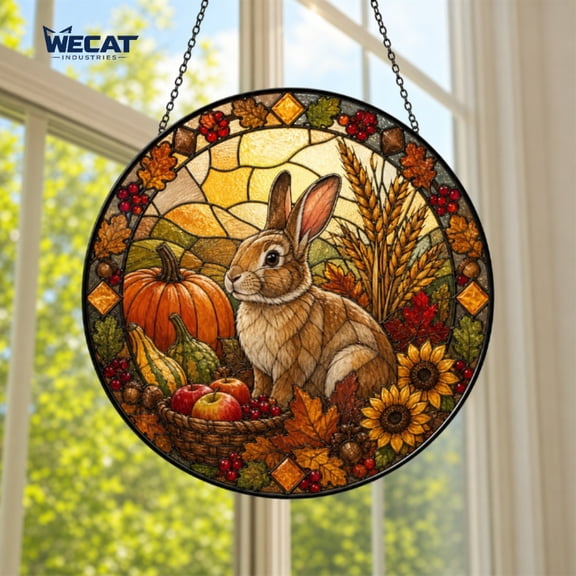 Suncatcher Rabbit Thanksgiving Stained Glass Window Hanging for Fall Decor