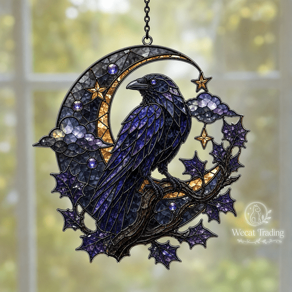 Suncatcher Raven and Moon Acrylic Window Hanging for Gothic Decor Lovers