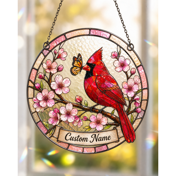 Suncatcher Sakura Cardinal Acrylic Window Hanging Custom Name Gift for Bird Lovers