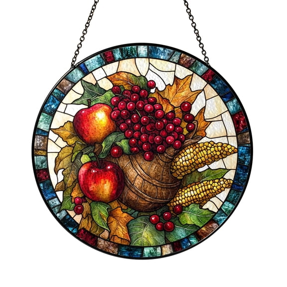 Suncatcher Stained Glass Cornucopia, Fall Harvest Window Hanging, Thanksgiving Gift for Her