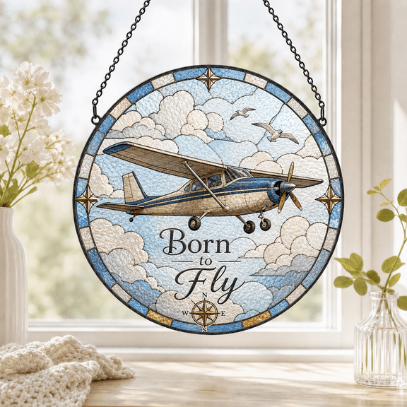 Suncatcher Stained Glass Style Airplane Round Window Hanging for Pilots