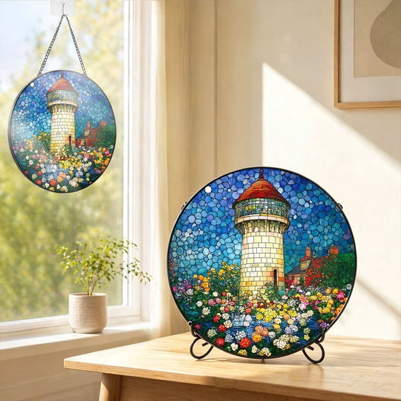 Suncatcher Stained Glass Window Hanging - Colorful Flowers Lighthouse Colored Glass Panel Round Sun Catchers with Hook & Stand, Stand or Hang for Window Garden Home Decor Office Ornament