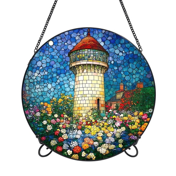 Suncatcher Stained Glass Window Hanging - Colorful Flowers Lighthouse Colored Glass Panel Round Sun Catchers with Hook & Stand, Stand or Hang for Window Garden Home Decor Office Ornament