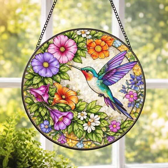 Suncatcher Stained Glass Window Hanging, Hummingbird Glass Panel, 7.9 Inch Stain Glass Window Hanging with Metal Chain and Hooks, Handmade Sun Catcher for Window Garden Home & Birthday Gifts