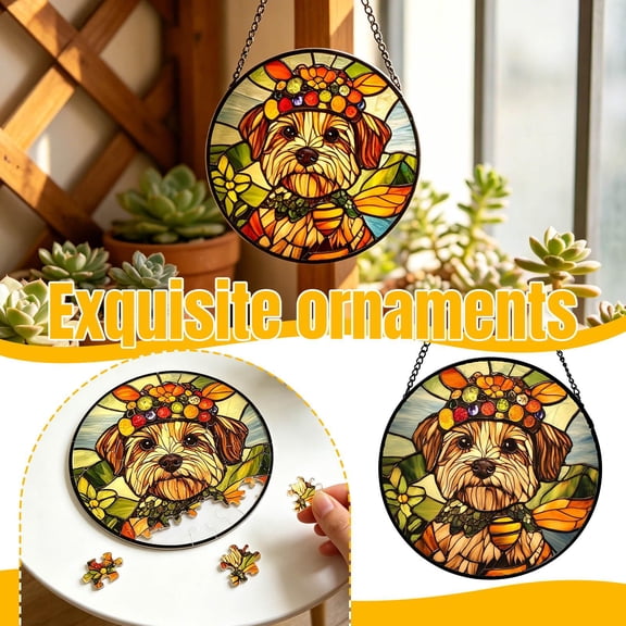 Suncatcher for Window, Floral Stained Glass, Dog Lover Gift, Housewarming Gift, 8 Inch Diameter Hanging Stained Glass Window Ornament with Multicolor Gem Accents, Blue Sky Styled