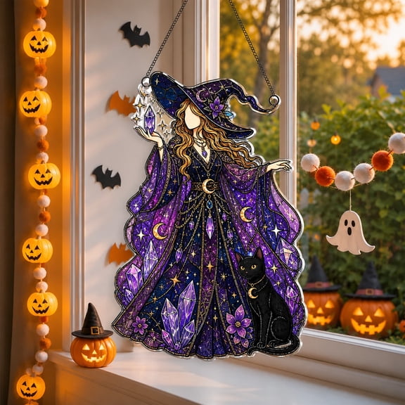 Suncatcher Witch Acrylic Window Hanging for Halloween Decor and Mystical Music Lovers