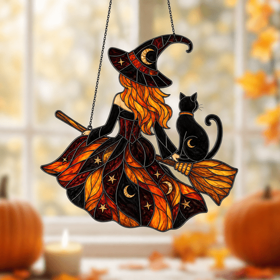 Suncatcher Witch Black Cat Gothic Acrylic Window Hanging for Halloween Decor and Cat Lovers