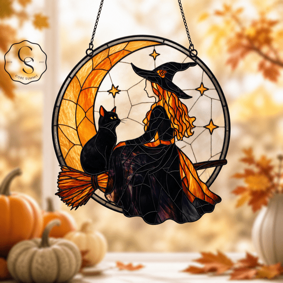 Suncatcher Witch Cat Crescent Moon Acrylic Window Hanging for Halloween