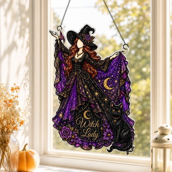 Suncatcher Witch Lady Halloween Acrylic Window Hanging for Boho Gothic Decor Lovers