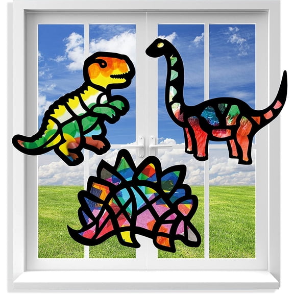 Suncatchers Craft 3 Sets (9 Cutouts) w Tissue Papers Stained Glass Effect Paper Sun Catcher Kit, Window Art, Classroom Crafts, Creative Art Projects, Kids Party Favors (Dinosaur)