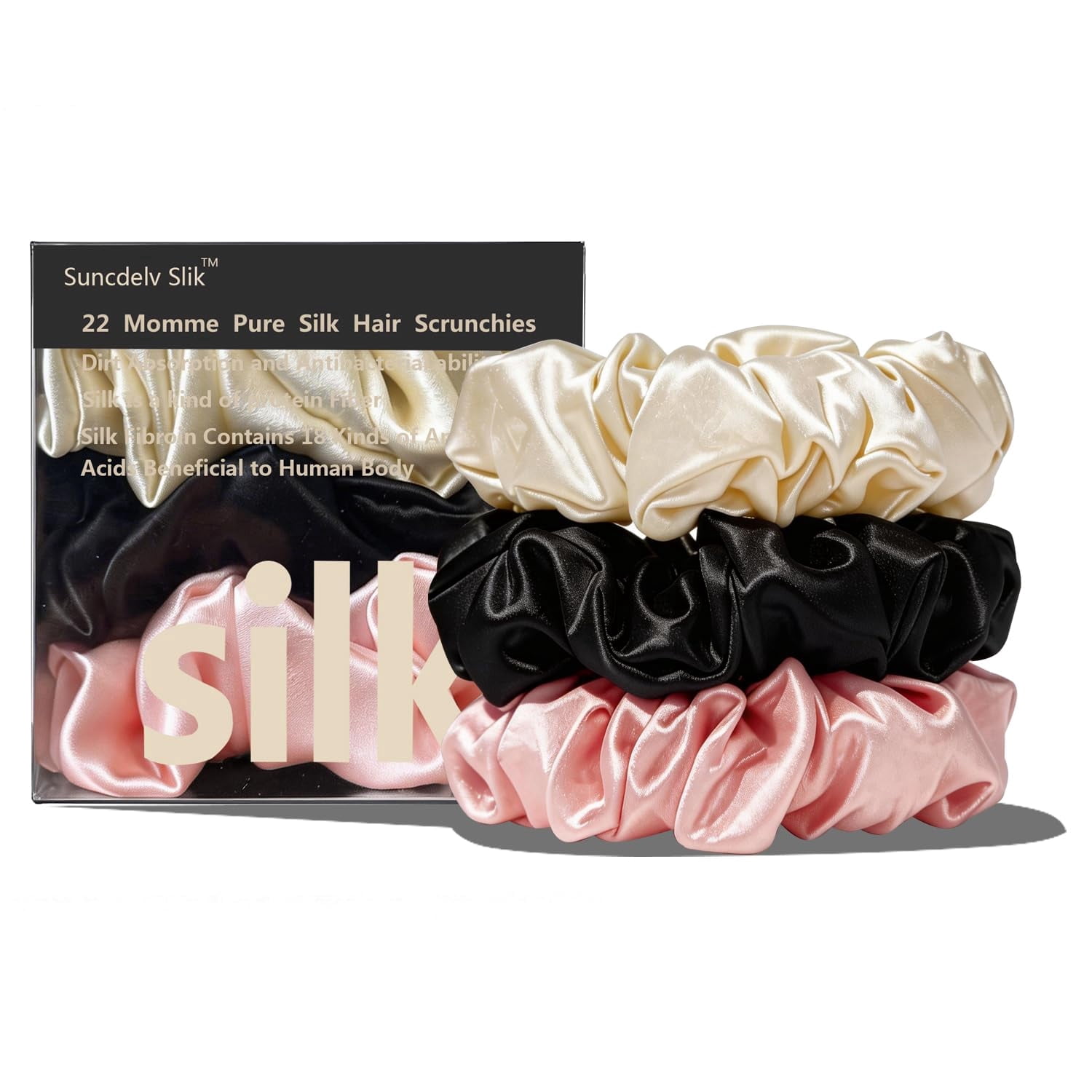 -Suncdelv Silk,100% Silk Scrunchies for Hair,22 Momme Hair Ties for Anti-Crease & Breakage,Natural Women Hair AccessoriesFashion Hairbands 3PCS（White,Black,Pink）
