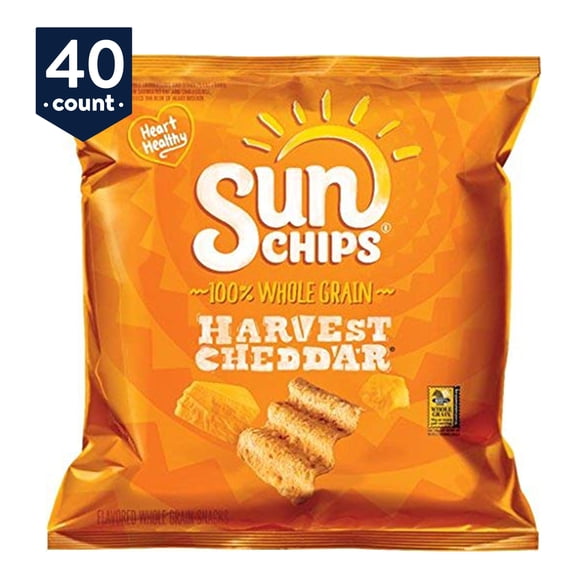 Sunchips Harvest Cheddar Flavored Whole Grain Snacks, 1 oz Bags, 40 Count
