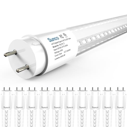 Sunco 10 Pack T8 LED Bulbs 4 Foot, 48 Inch Tube Light Bulbs Fluorescent Replacement, Single or Double Ended Hybrid Type A+B, 2400 LM, 20W, 6000K Daylight Deluxe, Clear Lens ETL