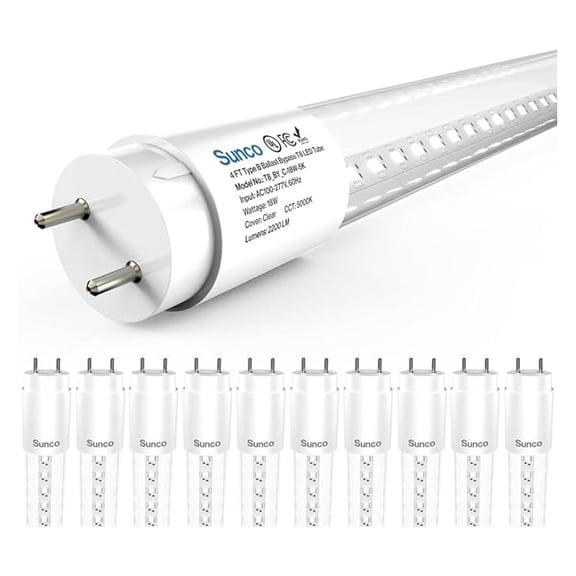 Sunco 10 Pack T8 LED Bulbs 4 Foot, Tube Light Bulbs Ballast Bypass, Inch Fluorescent Replacement, 2200 LM, 18W, 5000K Daylight, Single Ended Power, Type B, Clear Lens UL