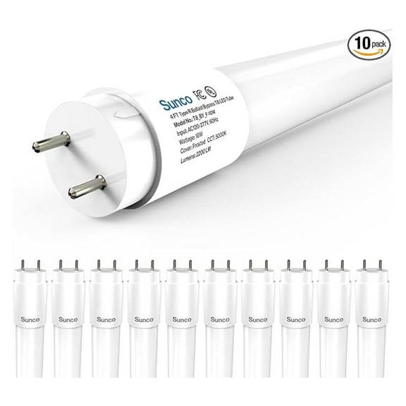 Sunco 10 Pack T8 LED Bulbs 4 Foot, Tube Light Bulbs Ballast Bypass, Inch Fluorescent Replacement, 2200 LM, 18W, 5000K Daylight, Single Ended Power, Type B, Frosted Lens UL