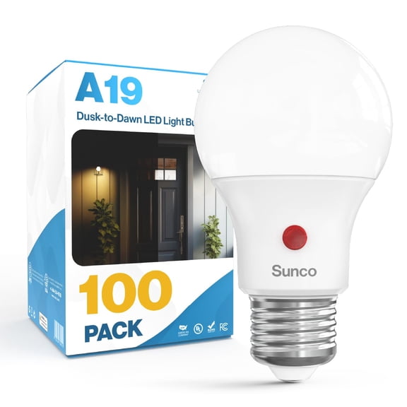 Sunco 100 Pack Dusk to Dawn LED Outdoor Light Bulb A19, Photocell Automatic for Exterior Lighting, 800 LM, 9W (60W Eqv.), 5000K Daylight, Auto On/Off Sensor, IP65 Rated UL.