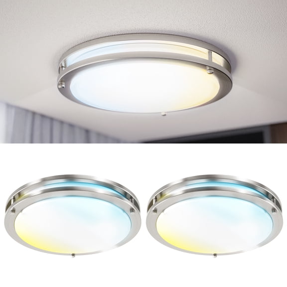 Sunco 12 Inch LED Ceiling Mount Light Fixture, Close to Ceiling Round Flat Light, 18W, 1300 LM, Selectable CCT 2700K/3000K/4000K/5000K/6000K, Nickel Coated, Dimmable, Hardwired ETL 2 Pack