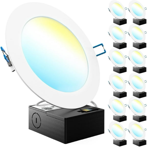 Sunco 12 Pack 5CCT 6 Inch Ultra Thin LED Recessed Ceiling Lights Slim 1500LM High Brightness, 2700K/3000K/3500K/4000K/5000K Selectable, Dimmable, 14W, Canless Wafer with Junction Box