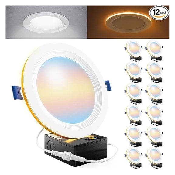 Sunco 12 Pack 6 Inch LED Recessed Light with Night Light, Flush Mount Ceiling Light, Baffle Trim Slim Can Lights, 1500 LM, Selectable CCT 2700K/3000K/4000K/5000K/6000K, Dimmable, 14W=100W ETL