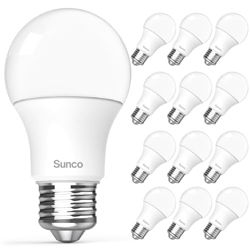 Sunco 12 Pack A19 LED Light Bulb, E26, 8W=60W, 2700K Soft White