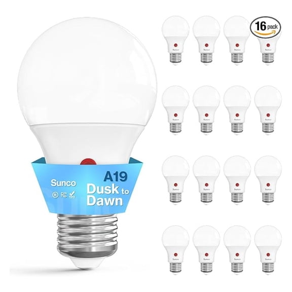 Sunco 16 Pack Dusk to LED Outdoor Light Bulb A19, Photocell Automatic for Exterior Lighting, 800 LM, 9W (60W Eqv.), 2700K Soft White, Auto On/Off Sensor, IP65 Rated UL.