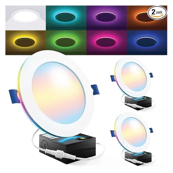 Sunco 2 Pack 6 Inch Smart Ultra Thin LED Recessed Ceiling Lights with Night Light, Tunable CCT 2700K to 6000K, Dimmable, 15W, Smooth Trim, Canless with Junction Box.