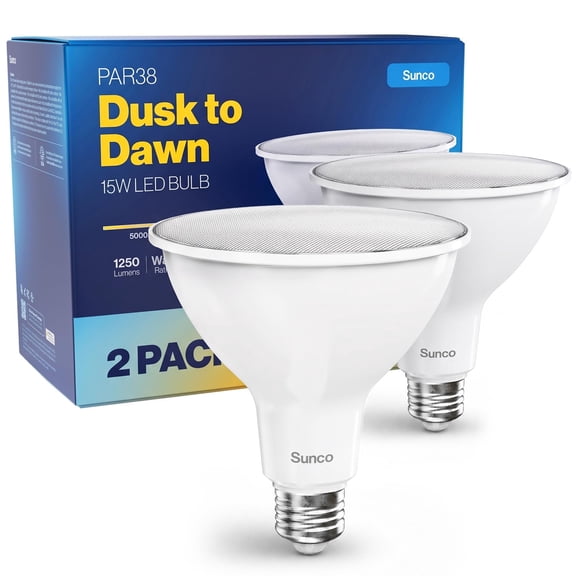 Sunco 2 Pack PAR38 LED Flood Light Bulb, Dusk to Dawn, E26, 15W=120W