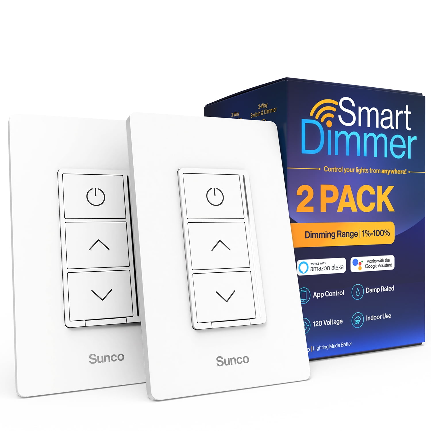 Sunco 2 Pack Smart Dimmer Switch, Double Rocker Wall Light Switch, WiFi Compatible with Tuya, Smart Life, Sunco Lighting Smart App, 120V, Compatible with Alexa and Google Assistant