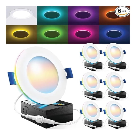 Sunco 4 Inch 6 Pack Smart Ultra Thin LED Recessed Ceiling Lights with Night Light, Tunable CCT 2700K to 5000K, Dimmable, 11W, Smooth Trim, Canless with Junction Box