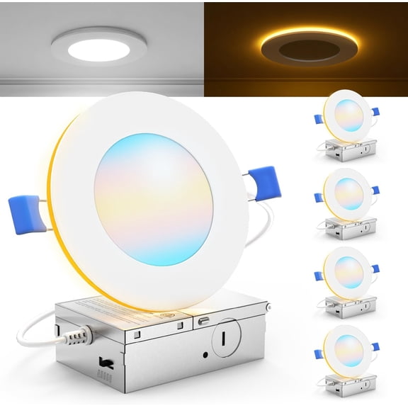 Sunco 4 Inch LED Recessed Lights with Night Light, Slim Ceiling Lighting, 900 LM, 11W (110W Equiv), Selectable CCT 2700K/3000K/3500K/4000K/5000K, Dimmable, Canless with Junction Box ETL 4 Pack.