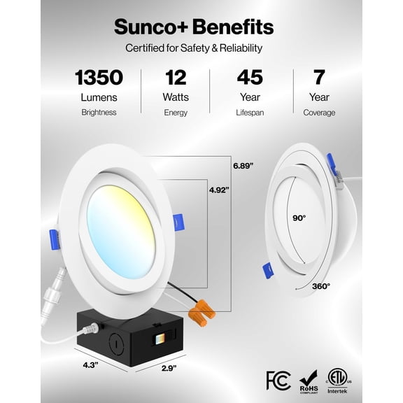 Sunco 4 Pack 6 Inch 5 CCT Gimbal LED Recessed Light Slim, 1350LM High Brightness, 2700K/3000K/4000K/5000K/6000K Selectable, 12W, Angled Directional Canless Downlight with JBox - ETL, FCC.