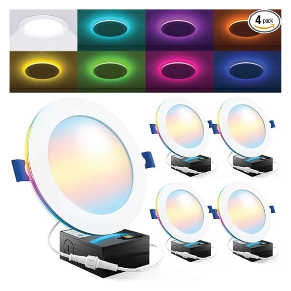 Sunco 4 Pack 6 Inch Smart Ultra Thin LED Recessed Ceiling Lights with Night Light, Tunable CCT 2700K to 6000K, Dimmable, 15W, Smooth Trim, Canless with Junction Box.