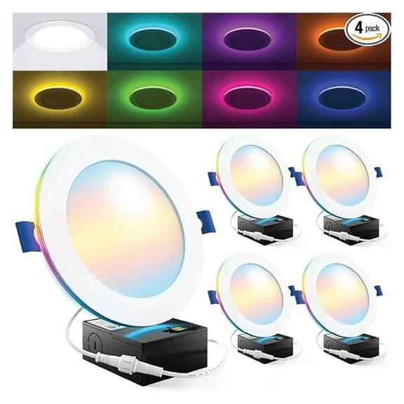 Sunco 4 Pack 6 Inch Smart Ultra Thin LED Recessed Ceiling Lights with Night Light, Tunable CCT 2700K to 6000K, Dimmable, 15W, Smooth Trim, Canless with Junction Box