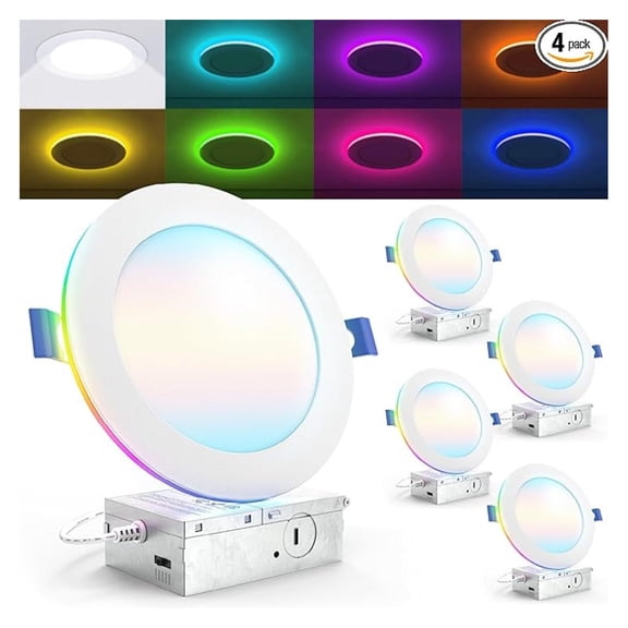 Sunco 4 Pack 6 Inch Smart Ultra Thin LED Recessed Ceiling Lights with Night Light, Tunable CCT 2700K to 6000K, Dimmable, 15W, Smooth Trim, Canless with Junction Box