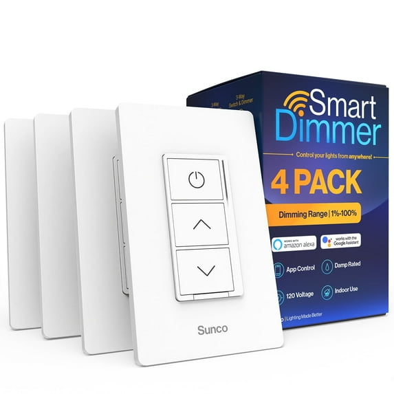 Sunco 4 Pack Smart Dimmer Switch, Double Rocker Wall Light Switch, WiFi Compatible with Tuya, Smart Life, Sunco Lighting Smart App, 120V, Compatible with Alexa and Google Assistant