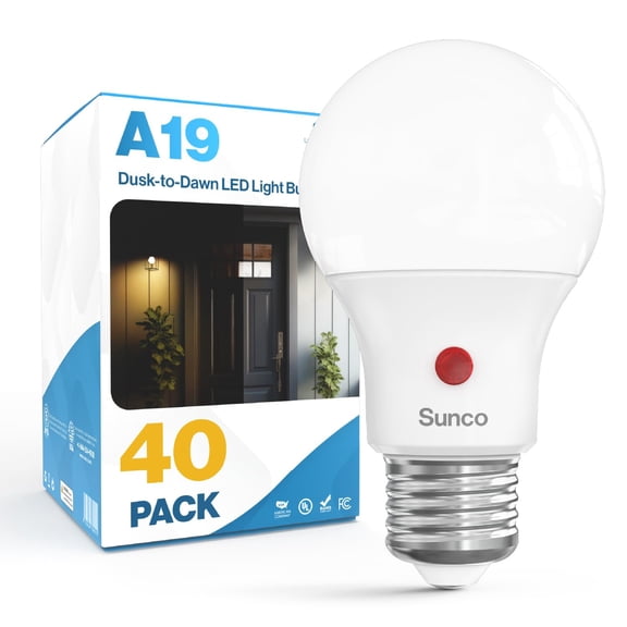 Sunco 40 Pack Dusk to Dawn LED Outdoor Light Bulb A19, Photocell Automatic for Exterior Lighting, 800 LM, 9W (60W Eqv.), 5000K Daylight, Auto On/Off Sensor, IP65 Rated UL.