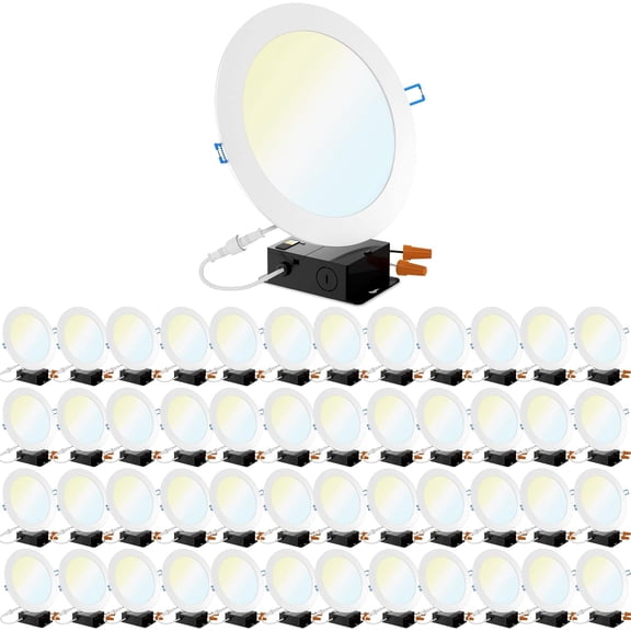 Sunco 48 Pack 8 Inch Ultra Thin LED Recessed Canless Smooth Trim Wafer Thin Indoor Ceiling Lights Slim Selectable 2700K/3000K/4000K/5000K/6000K Dimmable 14W 1350 Lumens with Junction Box
