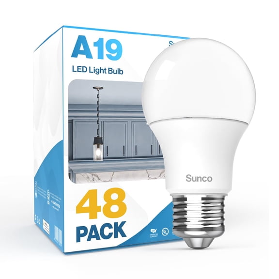 Sunco 48 Pack A19 LED Light Bulbs, [Focos para Casa], E26 Base Lamp Bulb for Bedroom Bathroom, 850 LM, 8W (60W Equivalent), 3000K Warm White, Non-Dimmable, 25000 Lifetime Hours UL