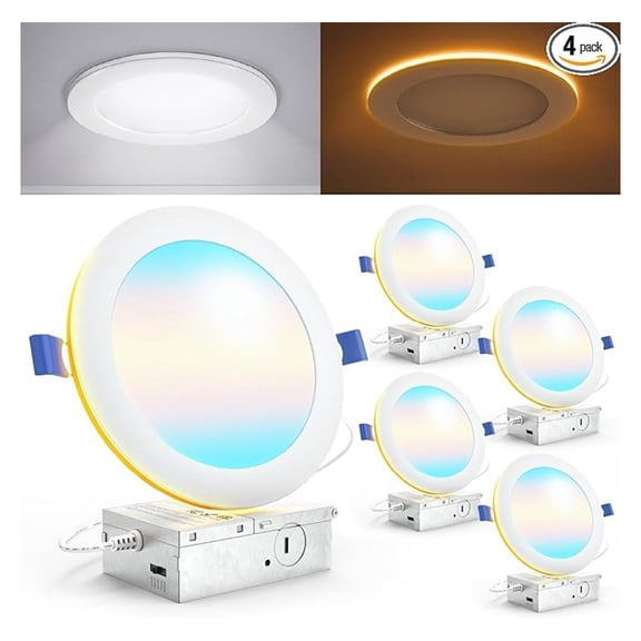 Sunco 6 Inch LED Recessed Light with Night Light, Canless Recessed Lighting, 1500 LM, 15W (150W Equivalent), Selectable CCT 2700K/3000K/4000K/5000K/6000K, Dimmable, with Junction Box 4 Pack.