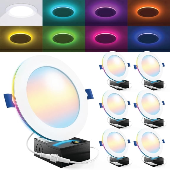 Sunco 6 Pack 6 Inch Smart Ultra Thin LED Recessed Ceiling Lights with Night Light, Tunable CCT 2700K to 6000K, Dimmable, 15W, Smooth Trim, Canless with Junction Box